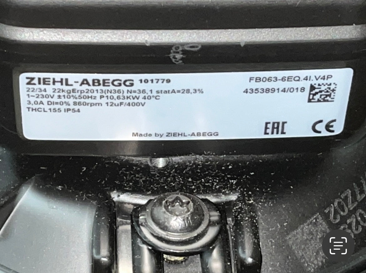 Nameplate of FB063-6EQ.4I.V4P ZIEHL-ABEGG Axial Fan