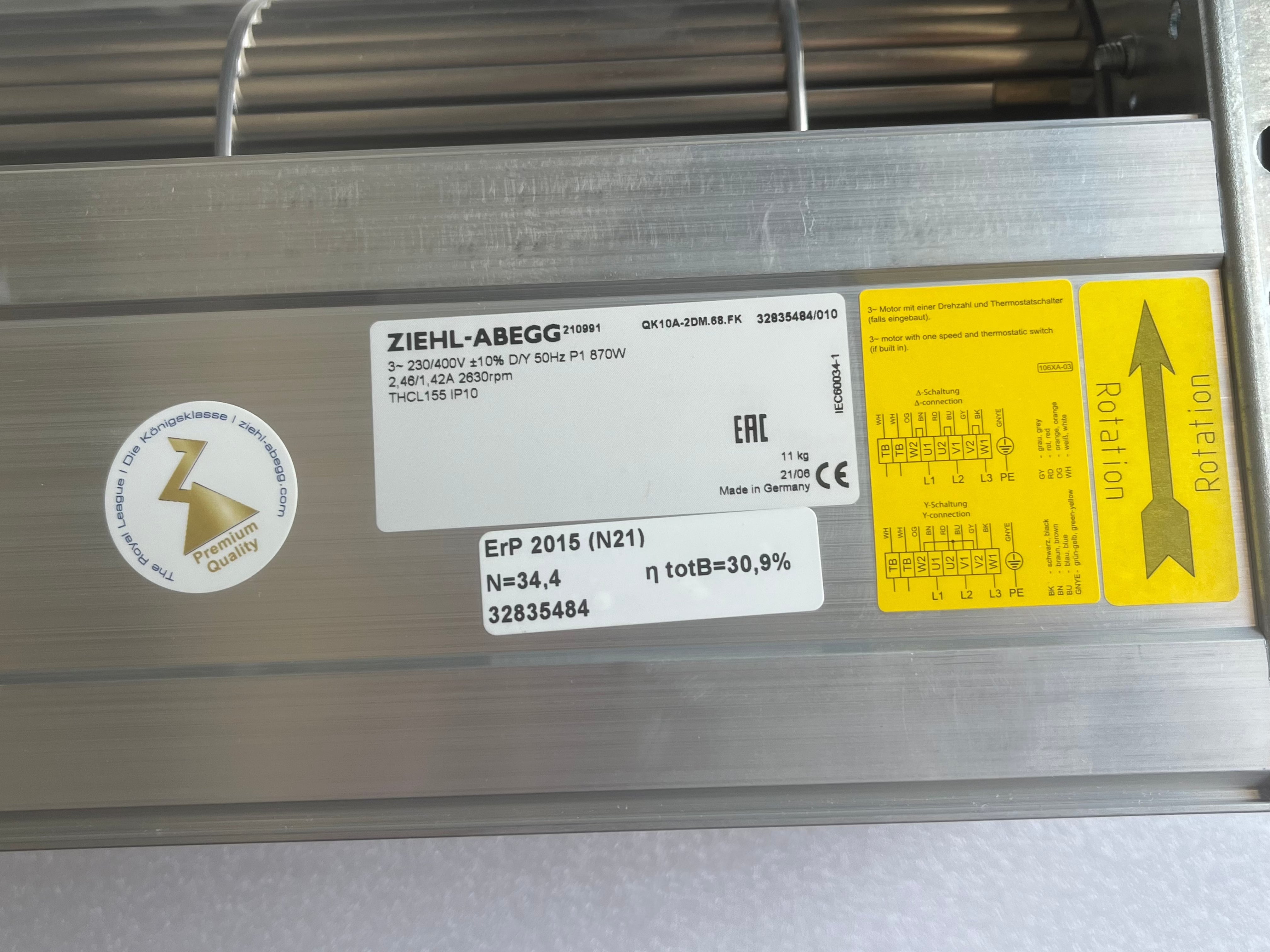 Nameplate of QK10A-2DM.68.FK ZIEHL-ABEGG Crossflow fan