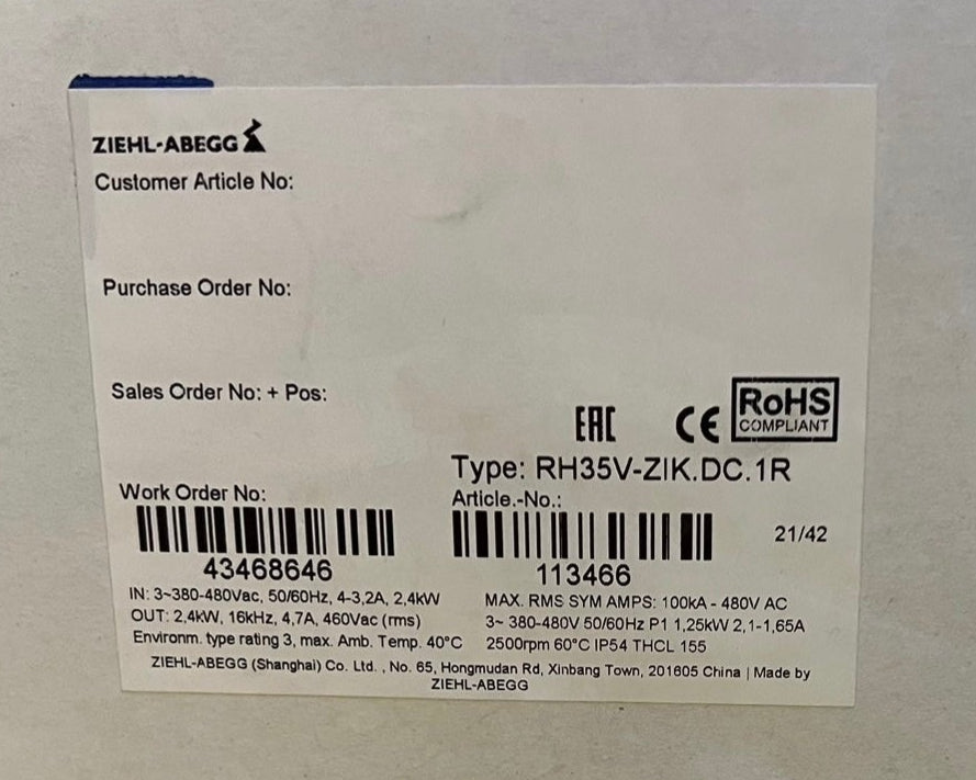 Packaging RH35V-ZIK.DC.1R  ZIEHL-ABEGG centrifugal fan