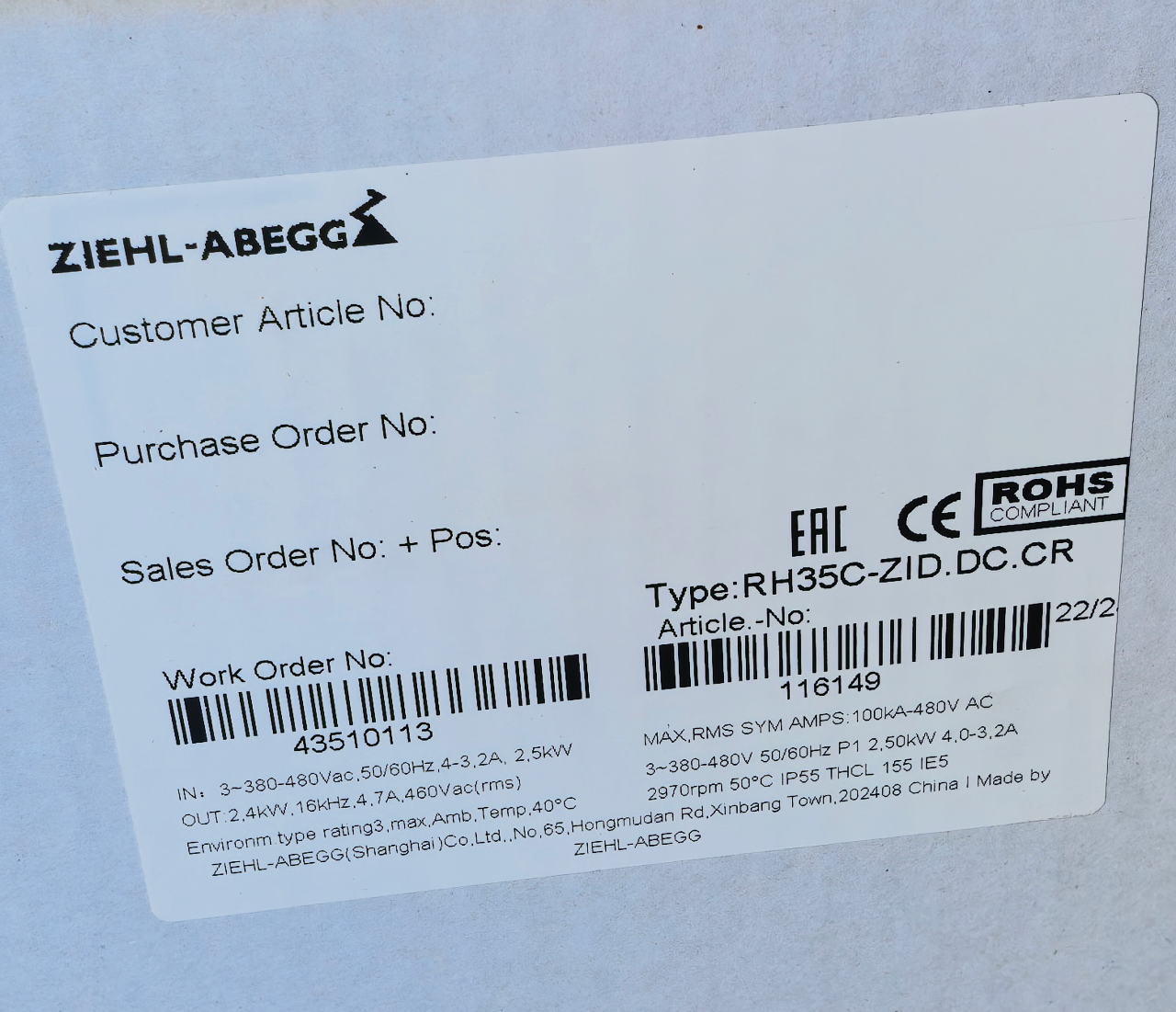 RH35C-ZID.DC.CR ZIEHL-ABEGG Centrifugal Fan label 