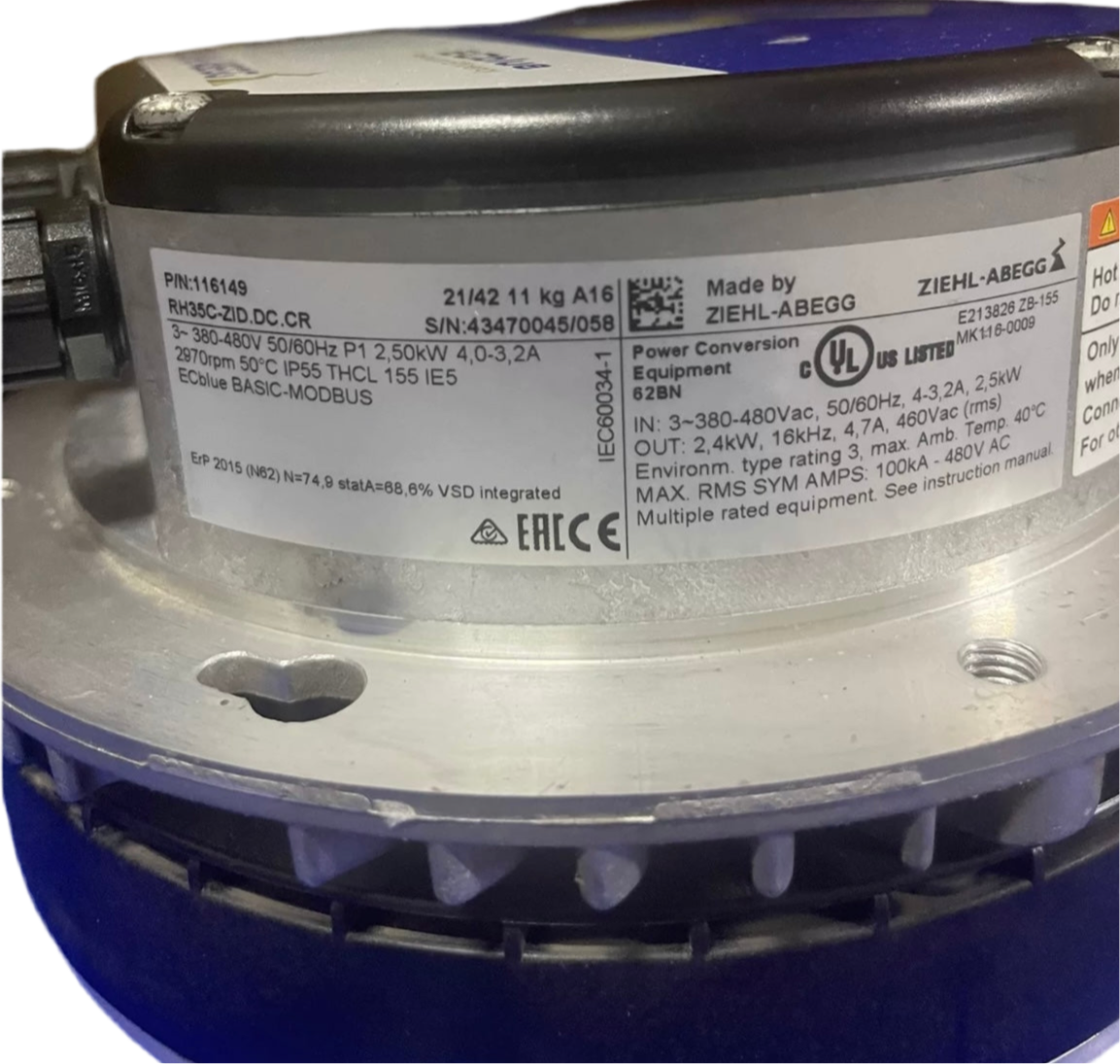 RH35C-ZID.DC.CR ZIEHL-ABEGG centrifugal fan nameplate