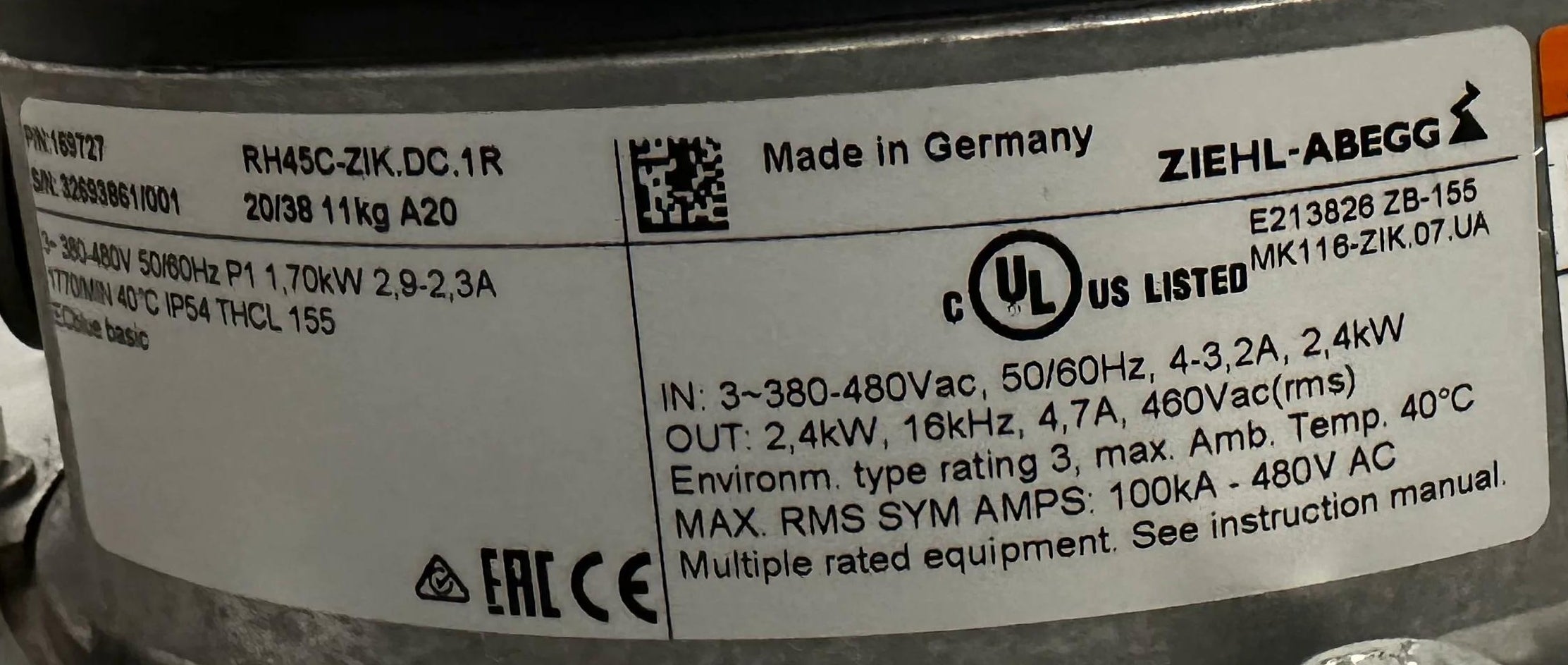 RH45C-ZIK.DC.1R(Art No 169727) ZIEHL-ABEGG centrifugal fan