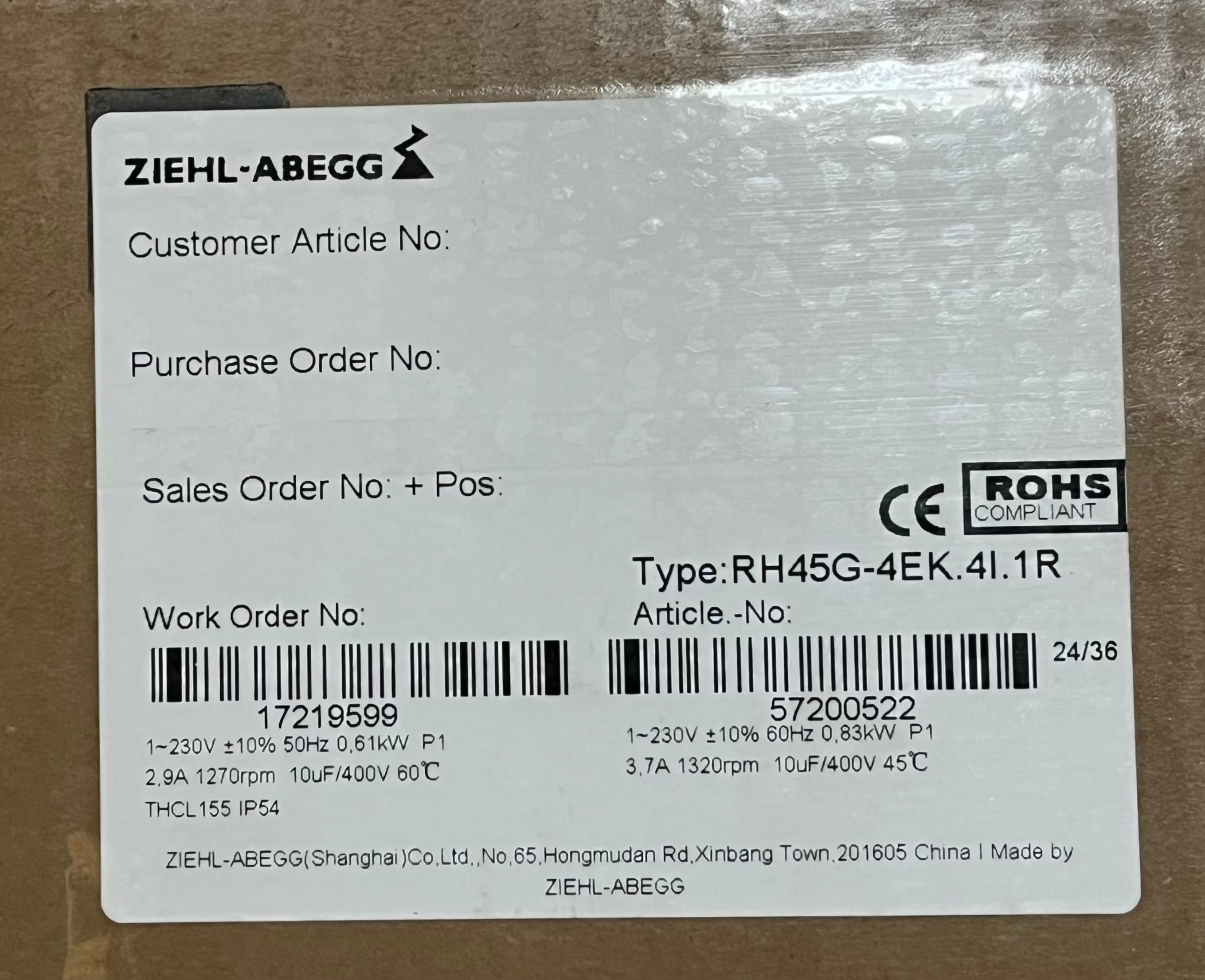 RH45M-4EK.4I.1R ZIEHL-ABEGG centrifugal fan label