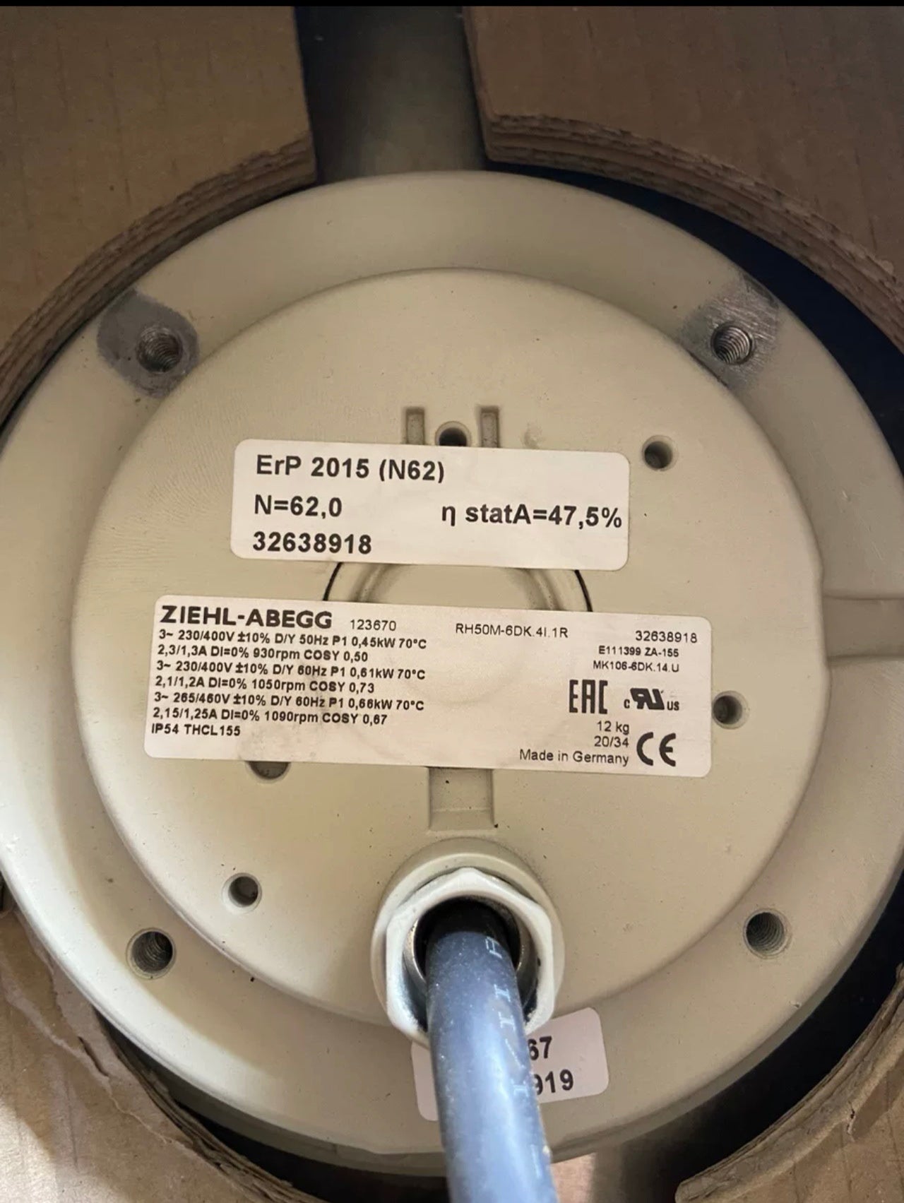 RH50M-6DK.4I.1R ZIEHL-ABEGG centrifugal fa nameplate & label