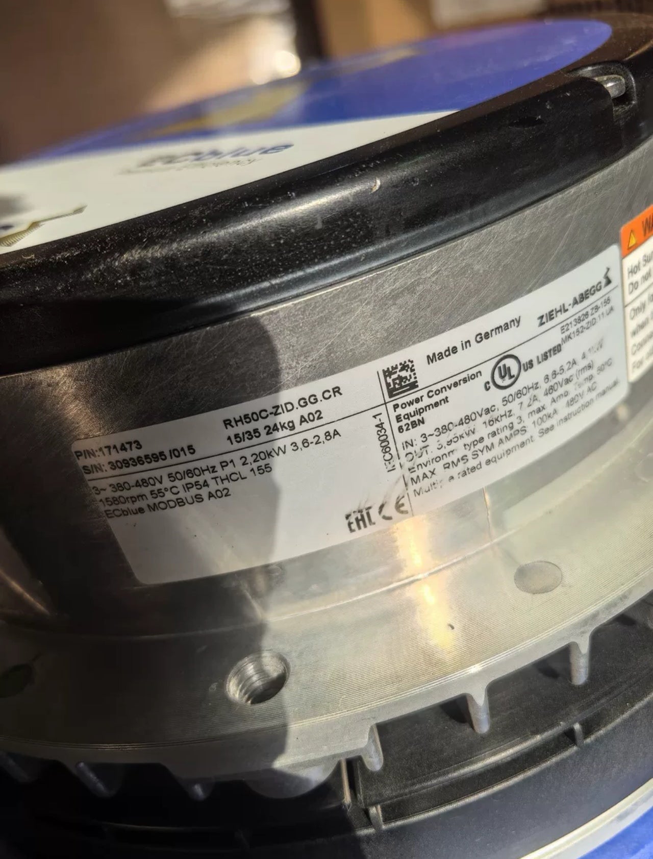 nameplate of RH56C-ZID.GG.CR 171473 ZIEHL-ABEGG centrifugal fan