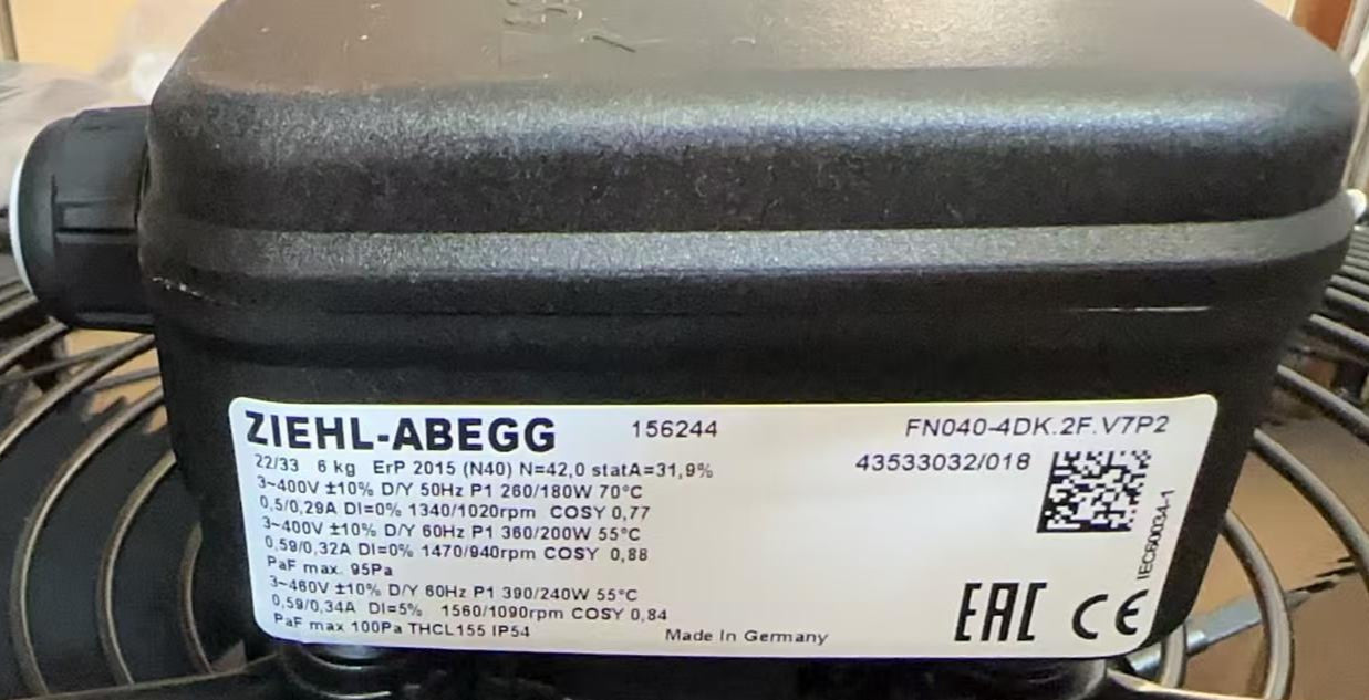 ZIEHL-ABEGG Axial Fan FN040-4DK.2F.V7P2 nameplate