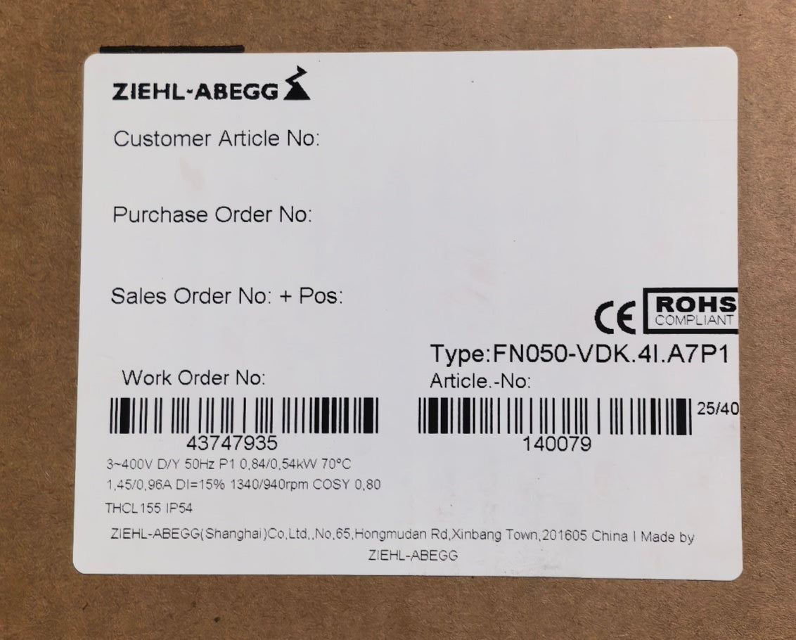 ZIEHL-ABEGG FN050-VDK.4I.A7P1 Axial fan package label