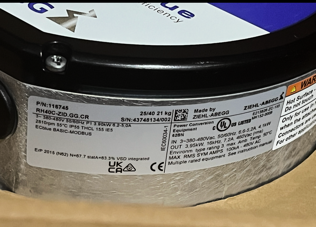 ZIEHL-ABEGG RH40C-ZID.GG.CR centrifugal fan label