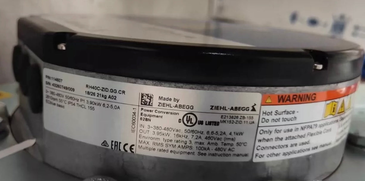 ZIEHL-ABEGG RH40C-ZID.GG.CR centrifugal fan nameplate