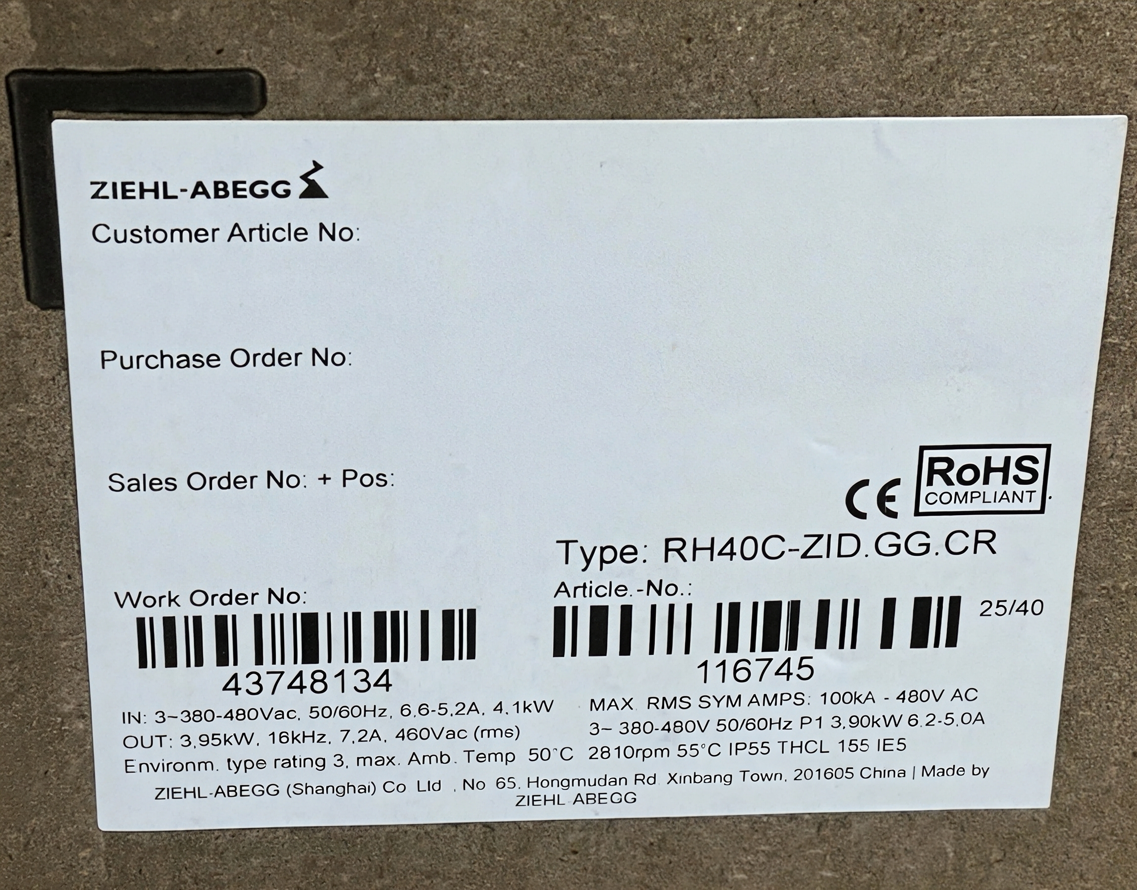 ZIEHL-ABEGG RH40C-ZID.GG.CR centrifugal fan package label
