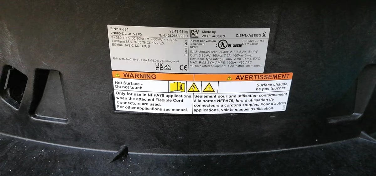 ZN080-ZIL.GL.V7P3 ZIEHL-ABEGG Axial Fan NAMEPLATE