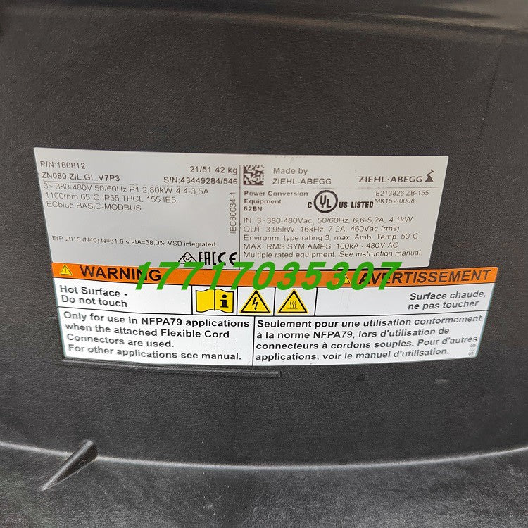ZN080-ZIL.GL.V7P3 ZIEHL-ABEGG Axial Fan NAMEPLATE 1