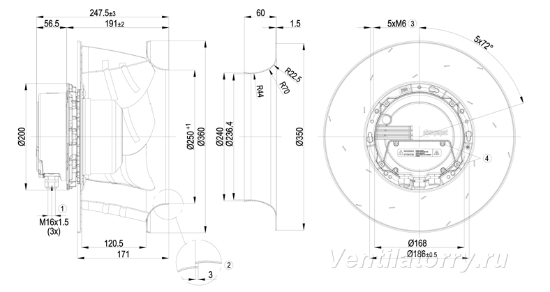 dimension of R3G355-AI56-05 ebm-papst Centrifugal fan
