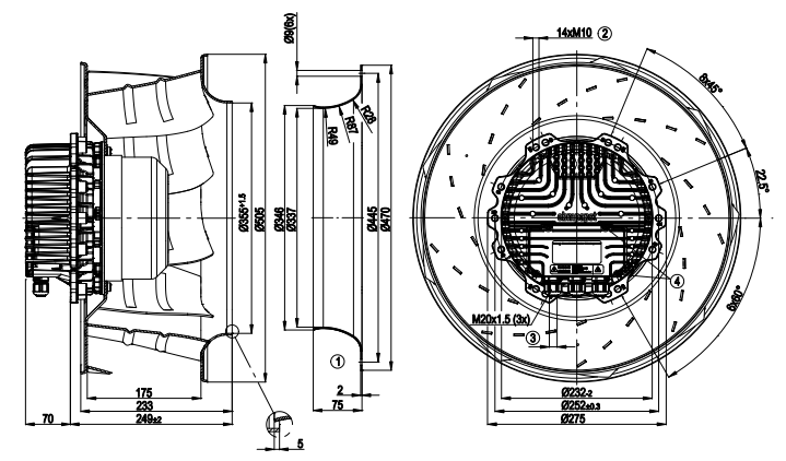 dimension of R3G500-AG25-65 Ebm-papst centrifugal fan