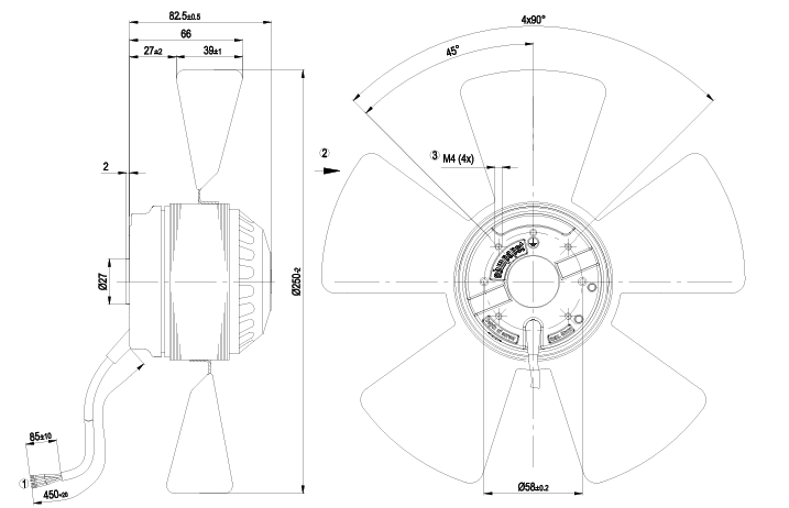 drawing of A2E250-AE65-02 Ebmpapst Axial Fan