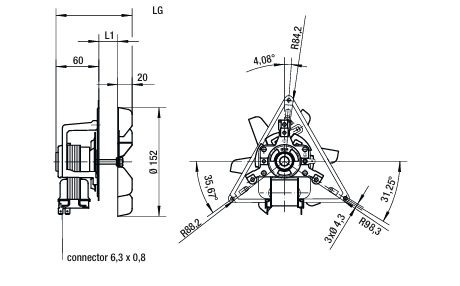 drawing of EBMPAPST R2K150-AC01-15 32W Axial Fan