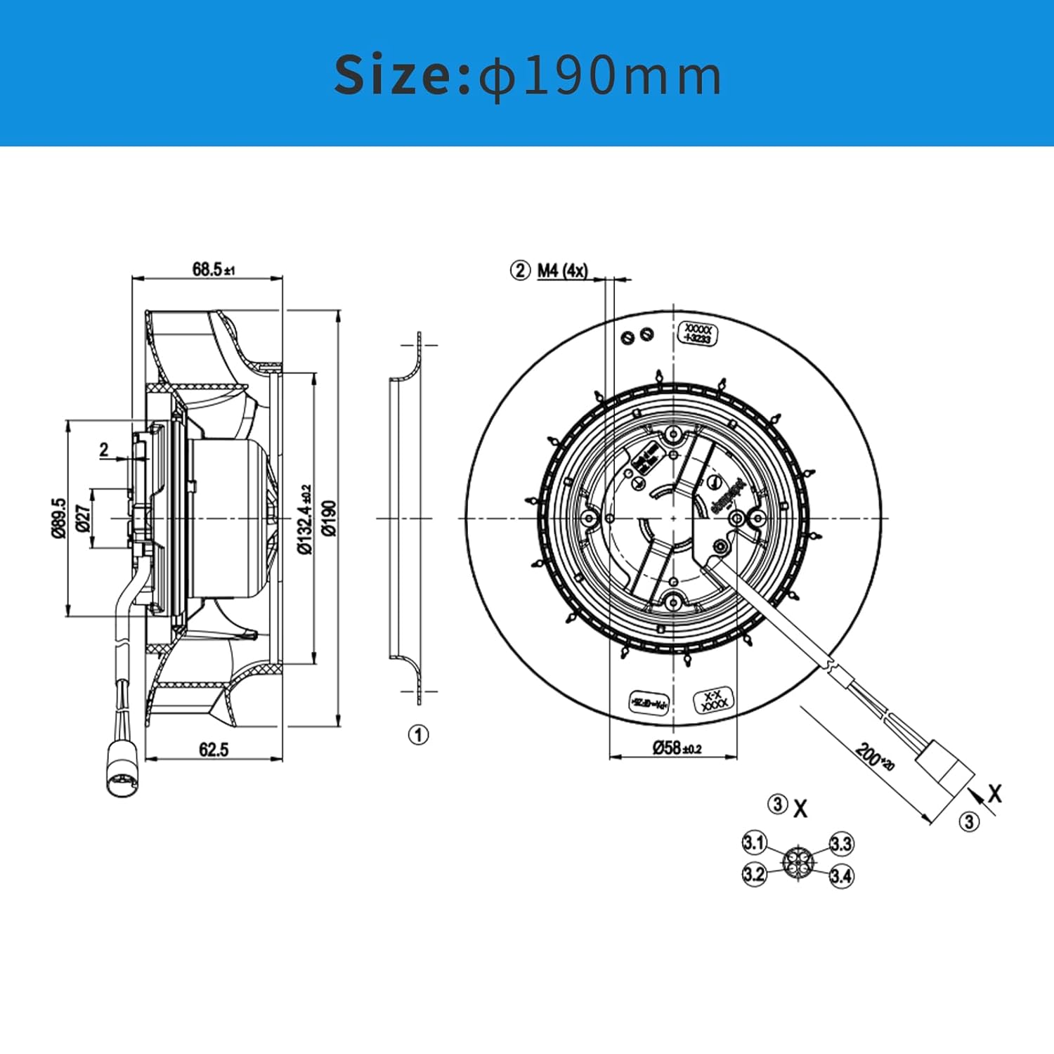 drawing of Ebm-papst R3G190-RB01-08 Centrifugal fan