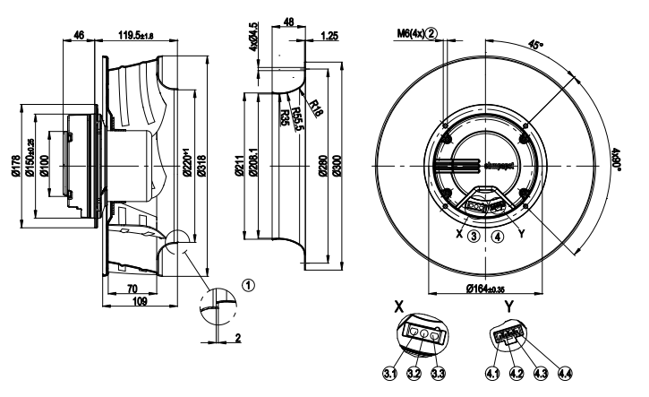 drawing of R3G310-AJ38-61 Ebm-papst Centrifugal Fan