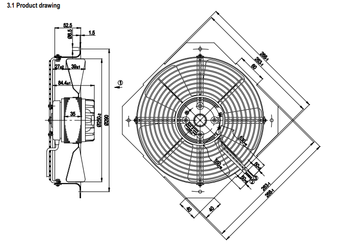 drawing of W2D250-GA04-15 Ebmpapst Axial Fan