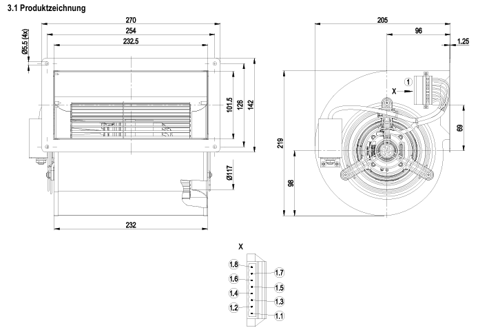 drawing of ebm-papst D2E146-AP47-C3 Centrifugal Fan