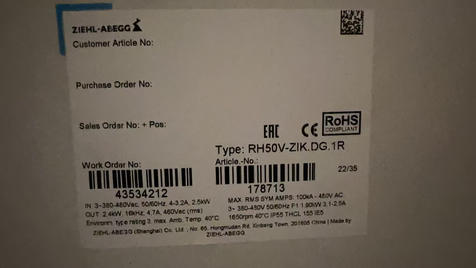 label of RH50V-ZIK.DG.1R ZIEHL-ABEGG centrifugal fan