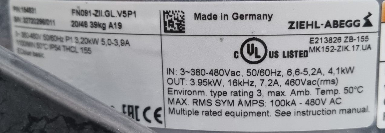 lable1 of FN091-ZII.GL.V5P1 ZIEHL-ABEGG Axial Fan