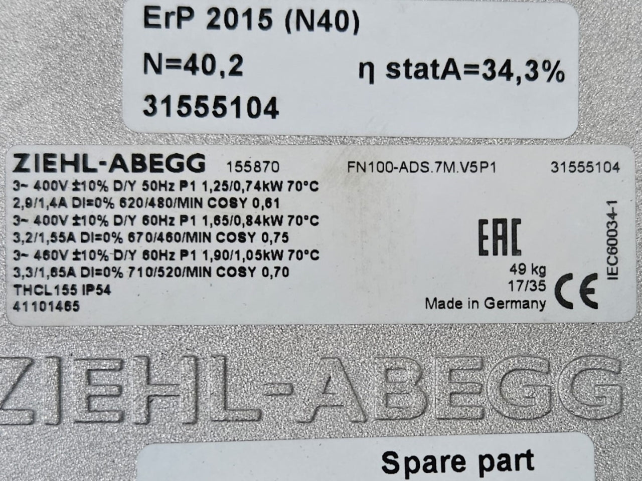 lable of FN100-ADS.7M.V5P1 ZIEHL-ABEGG Axial Fan