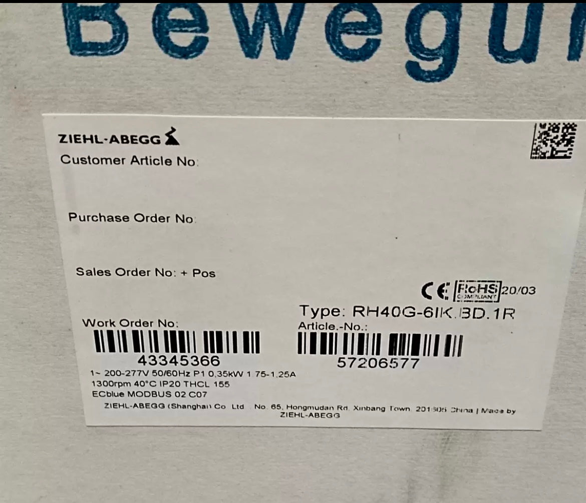 lable of RH40G-6IK.BF.1R 57201423 ZIEHL-ABEGG centrifugal fan
