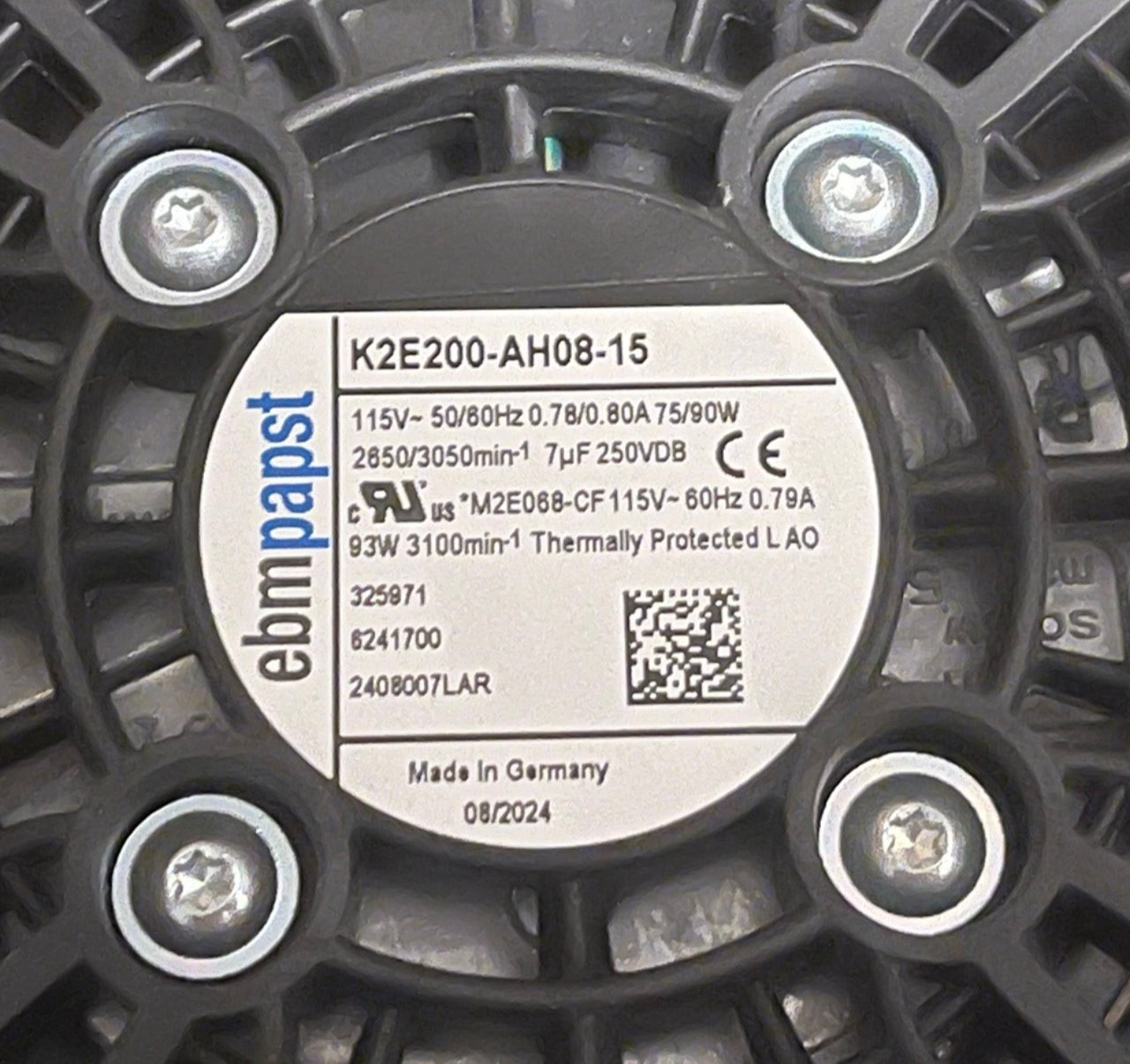 nameplate of EBMPAPST K2E200-AH08-15 Centrifugal Fan