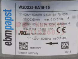 nameplate of Ebmpapst W2D225-EA18-15 Axial Fan