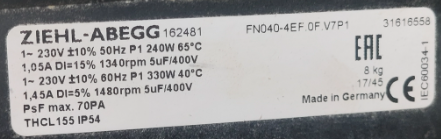 nameplate of FN040-4EF.0F.V7P1  ZIEHL-ABEGG Axial Fan