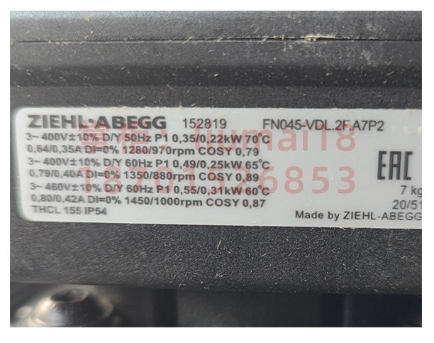 nameplate of FN045-VDL.2F.A7P2  ZIEHL-ABEGG Axial Fan