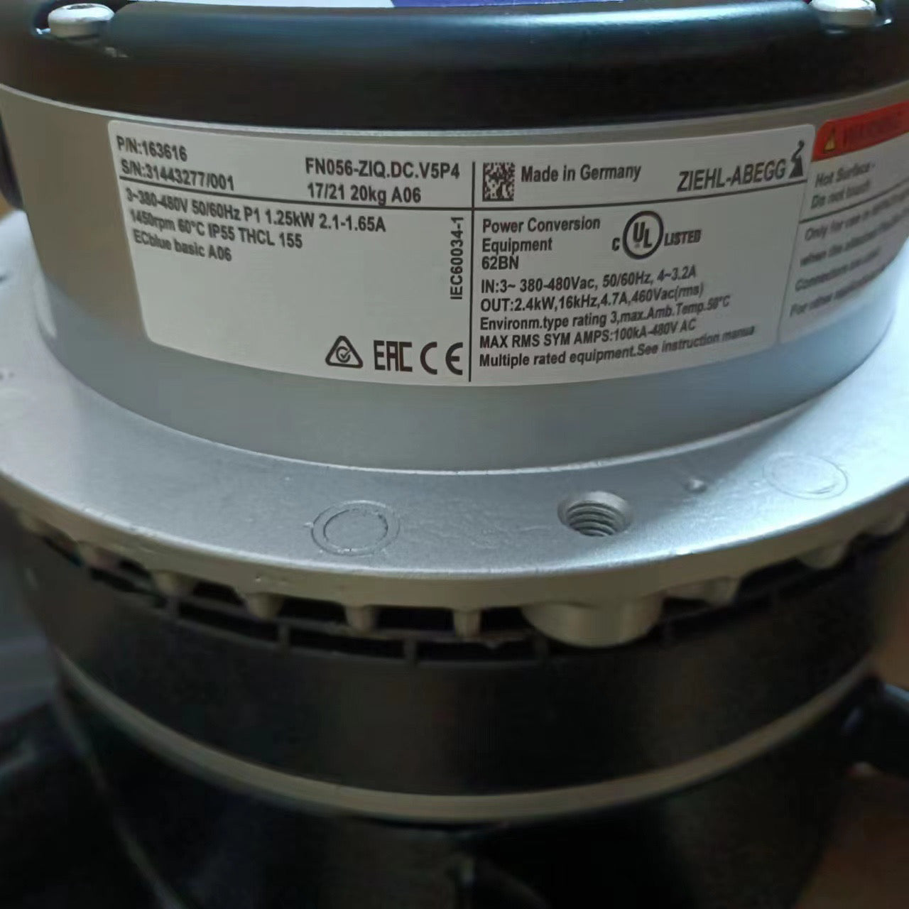 nameplate of FN056-ZIQ.DC.V5P4 380-480V ZIEHL-ABEGG Axial Fan