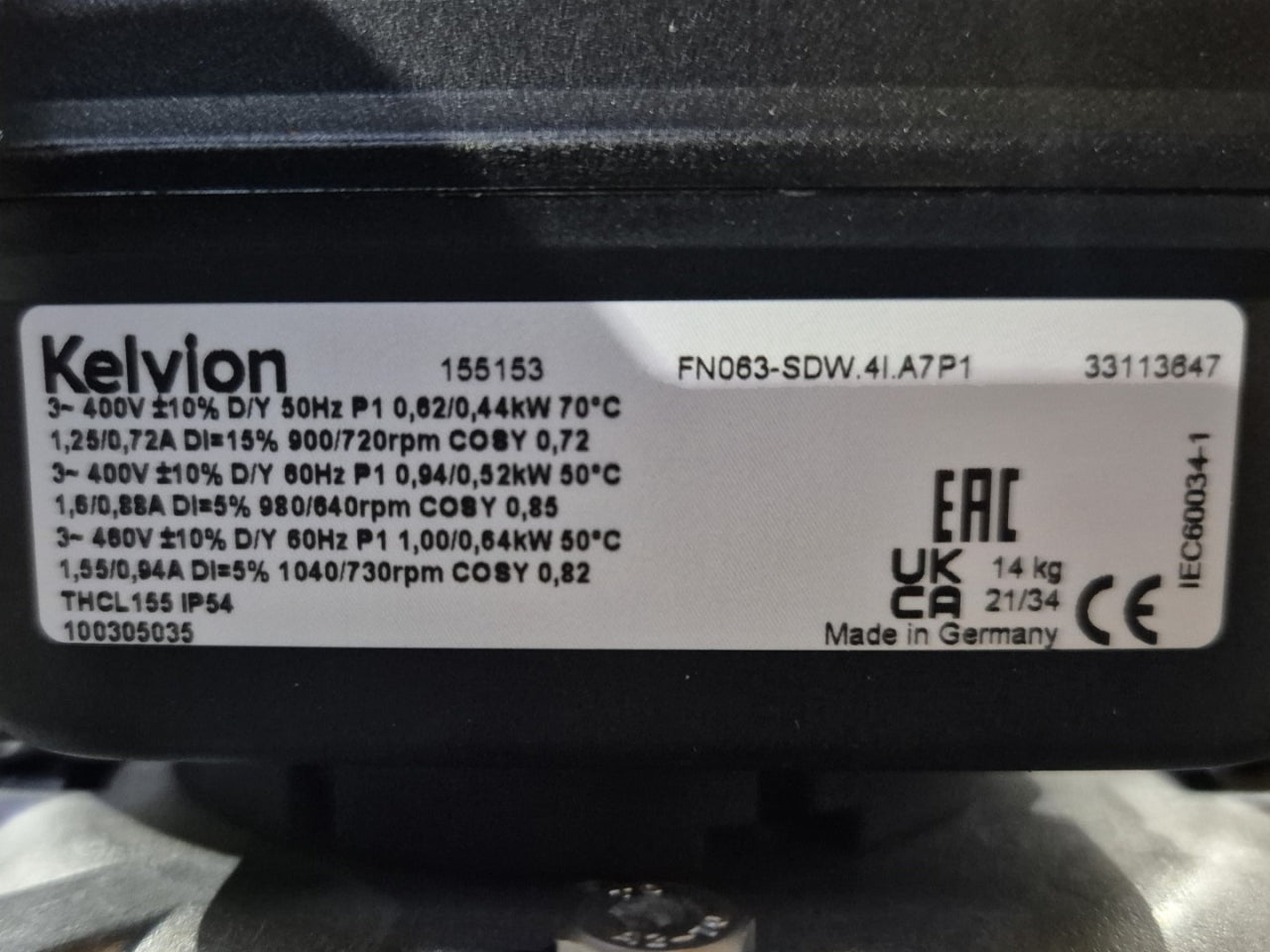 nameplate of FN063-SDW.4M.A7P1  ZIEHL-ABEGG Axial Fan
