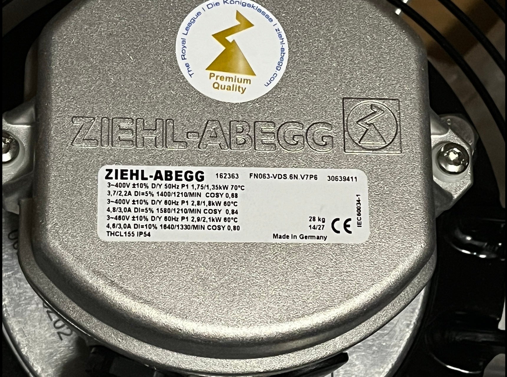 nameplate of FN063-VDS.6N.V7P6 ZIEHL-ABEGG Axial Fan