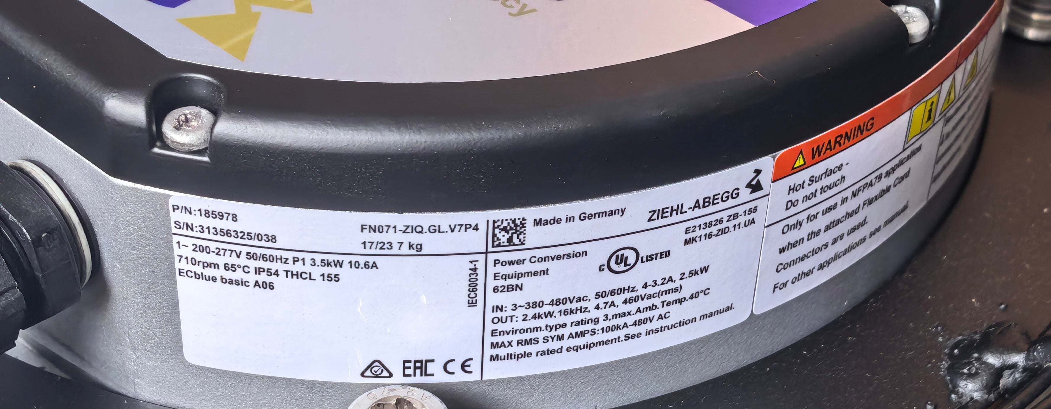 nameplate of FN071-ZIQ.GL.V7P4 ZIEHL-ABEGG Axial Fan