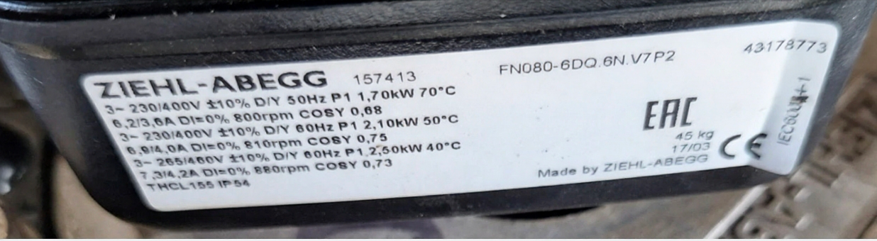 nameplate of FN080-6DQ.6N.V7P2 ZIEHL-ABEGG Axial Fan