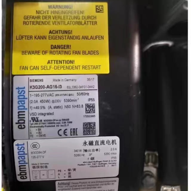 nameplate of K3G200-AG16-I3 ebmpapst centrifugal cooling fan