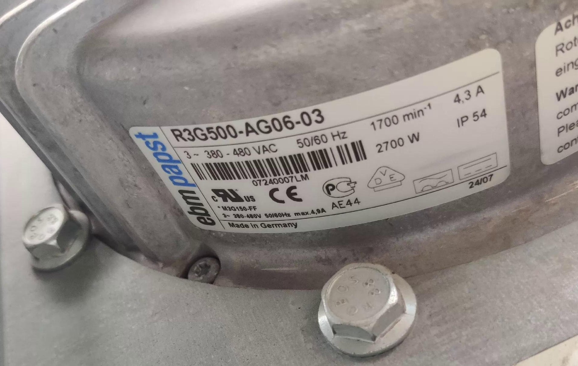 nameplate of R3G500-AG06-03 ebm -papst Centrifugal fan