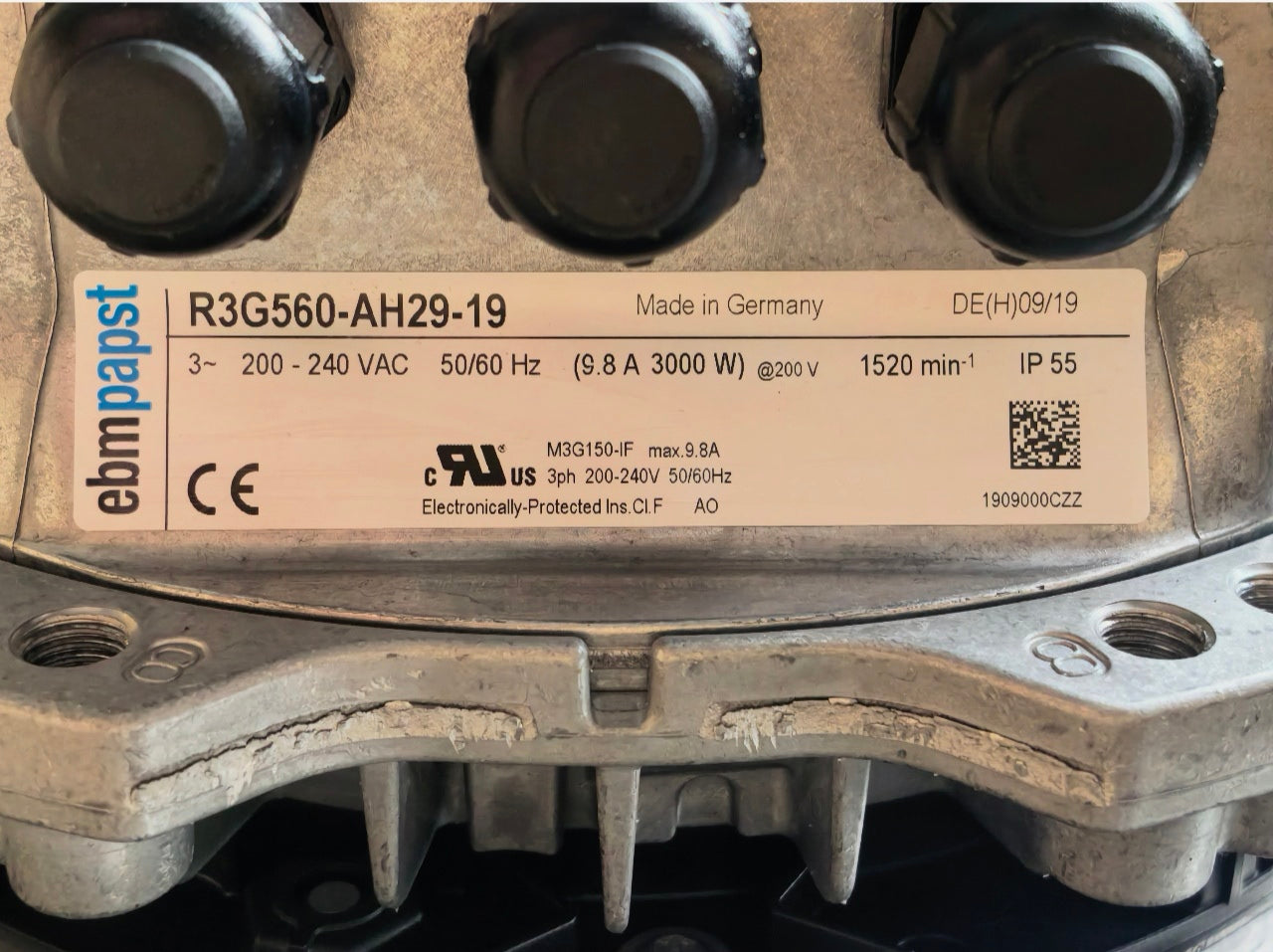 nameplate of R3G560-AH29-19 ebm-papst centrifugal fan