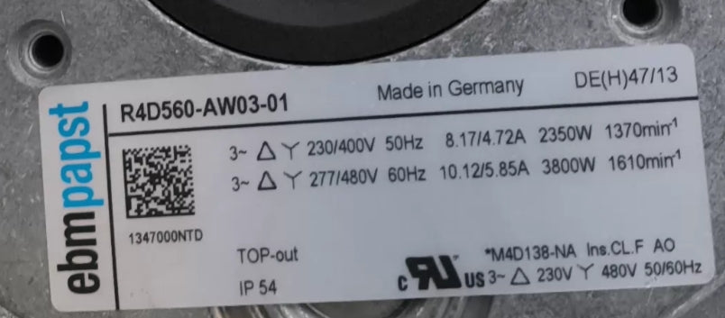 nameplate of R4D560-AW03-01 ebm-papst centrifugal fan