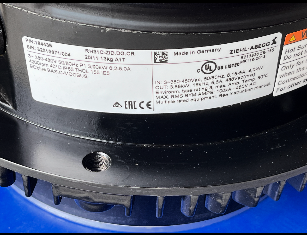 nameplate of RH31C-ZID.DG.CR  ZIEHL-ABEGG centrifugal fan