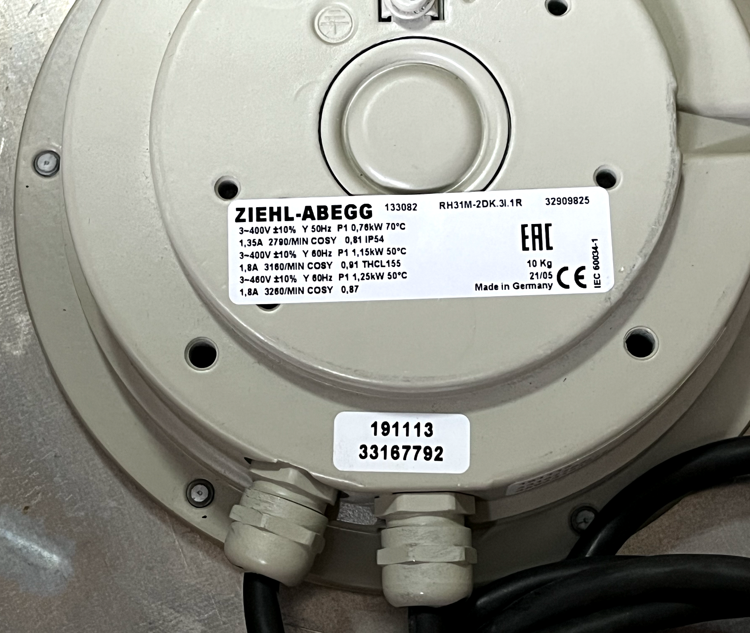 nameplate of RH31M-2DK.3I.1R ZIEHL-ABEGG centrifugal fan