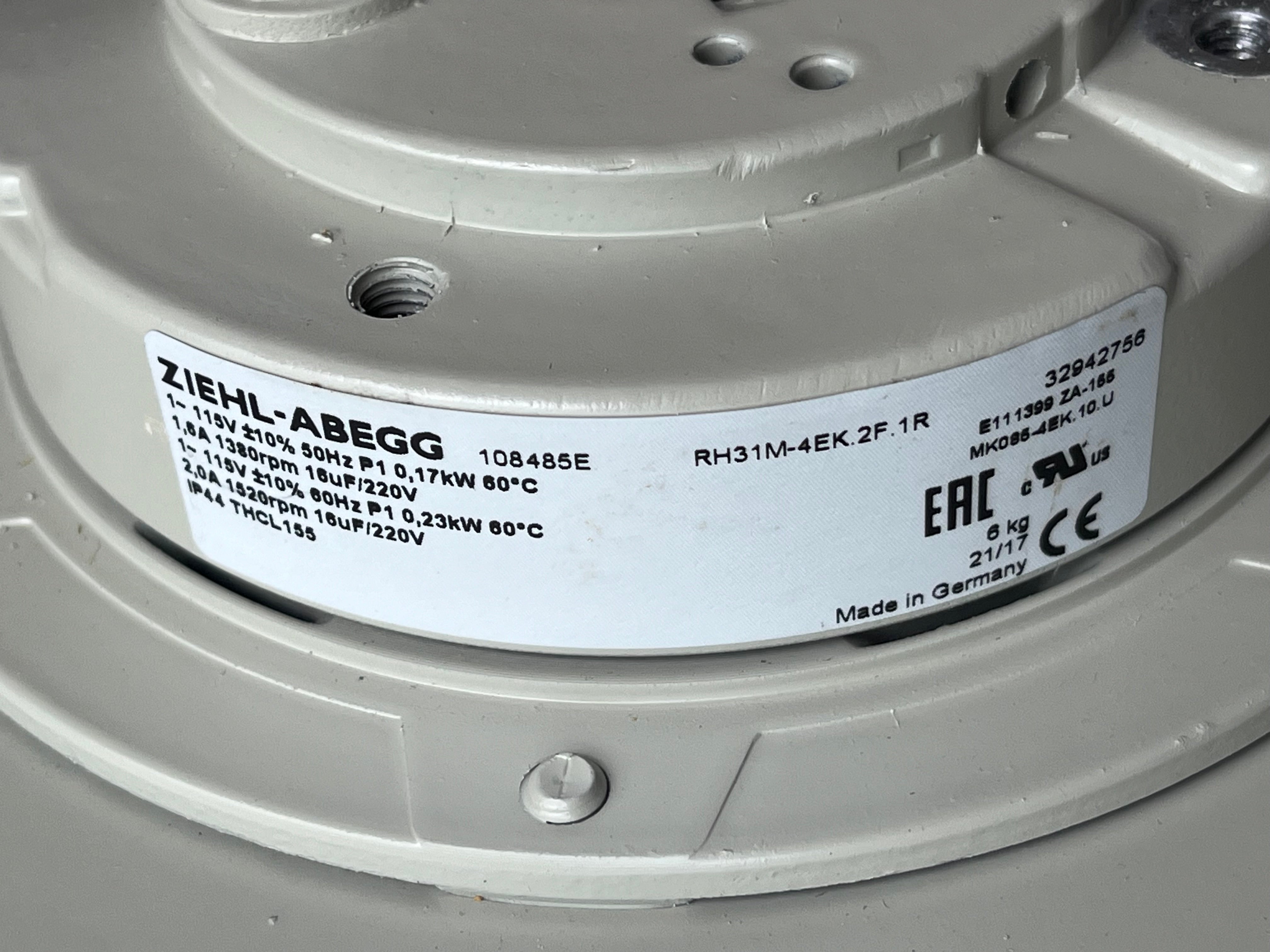 nameplate of RH31M-4EK.2F.1R ZIEHL-ABEGG centrifugal fan
