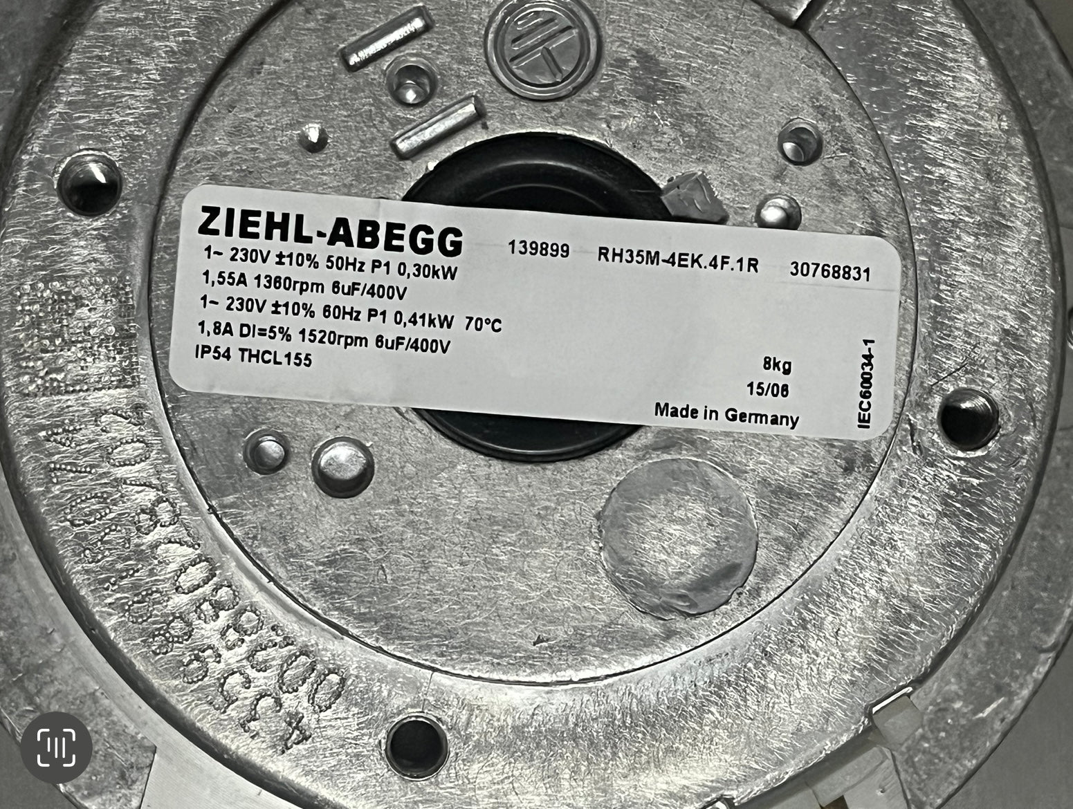 nameplate of RH35M-4EK.4F.1R ZIEHL-ABEGG centrifugal fan
