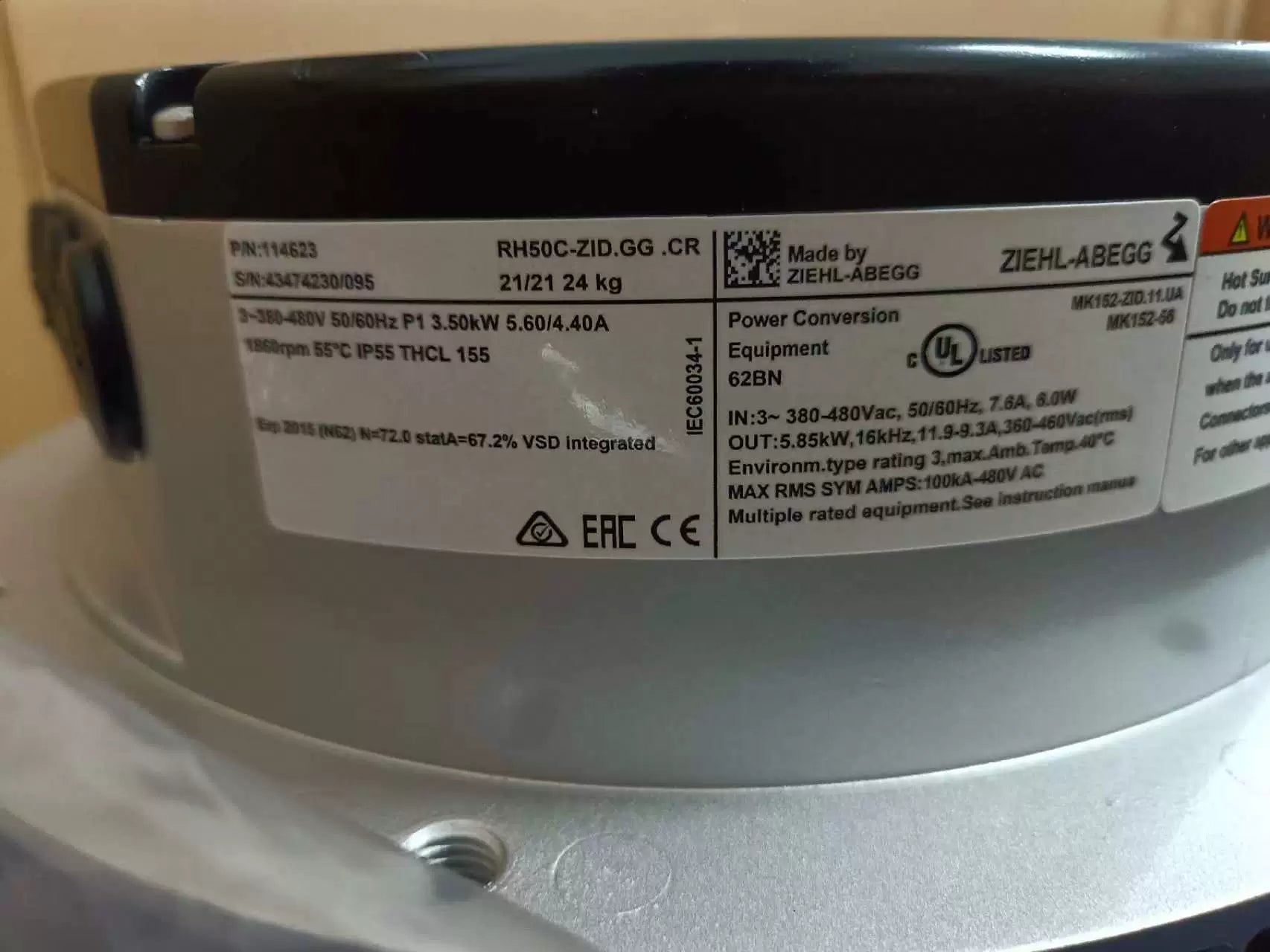 nameplate of RH50C-ZID.GG.CR(Art No:114623) ZIEHL-ABEGG centrifugal fan