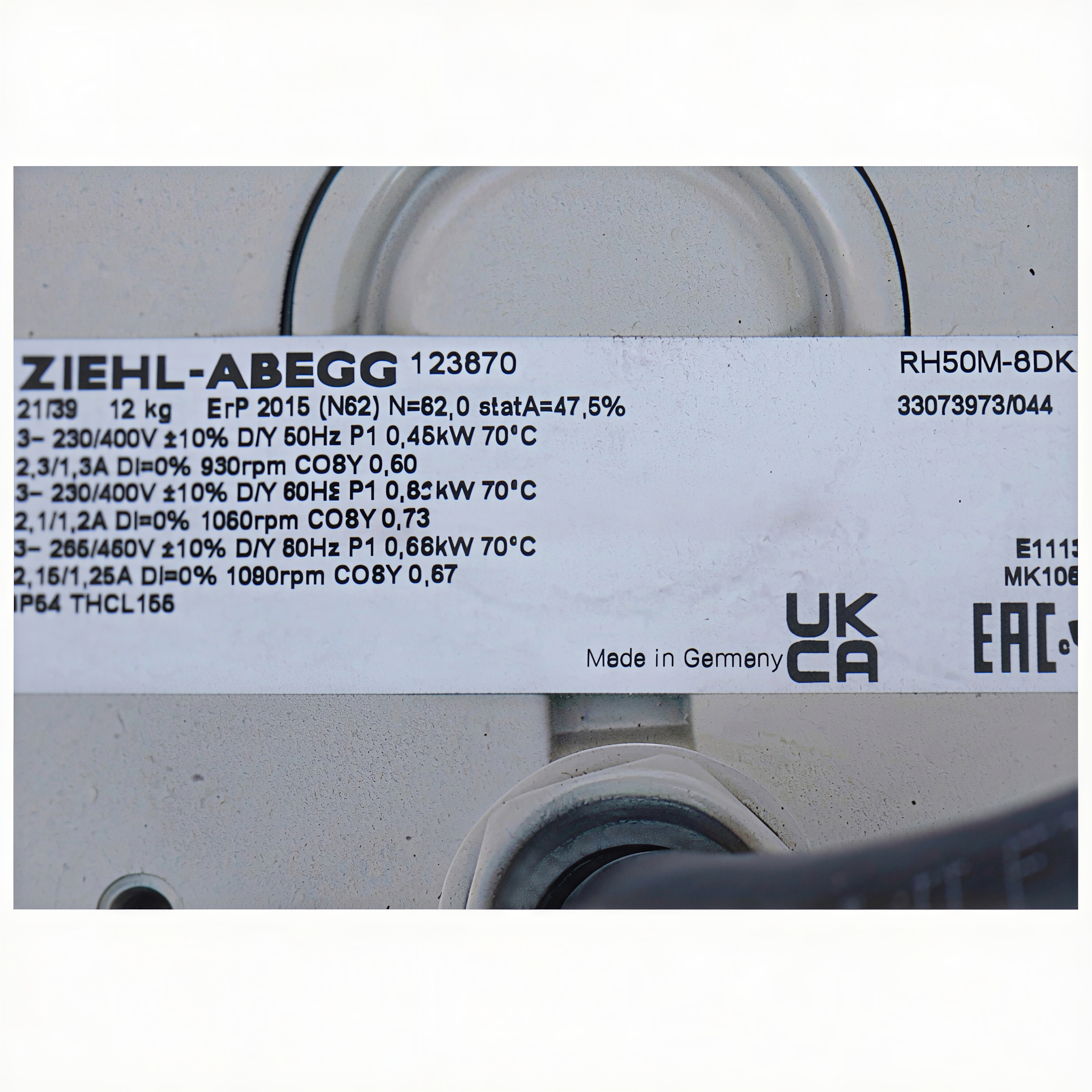 nameplate of  RH50M-6DK.4I.1R ZIEHL-ABEGG centrifugal fan