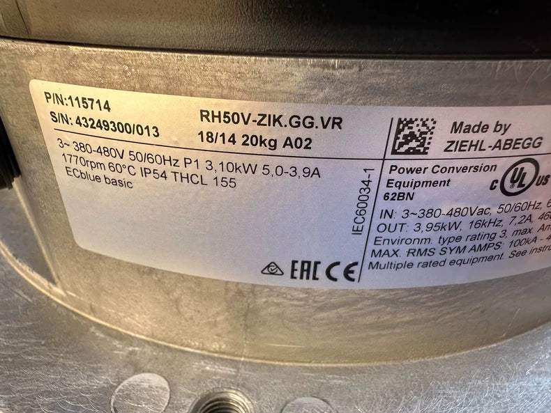 nameplate of RH50V-ZIK.GG.VR ZIEHL-ABEGG Centrifugal fan