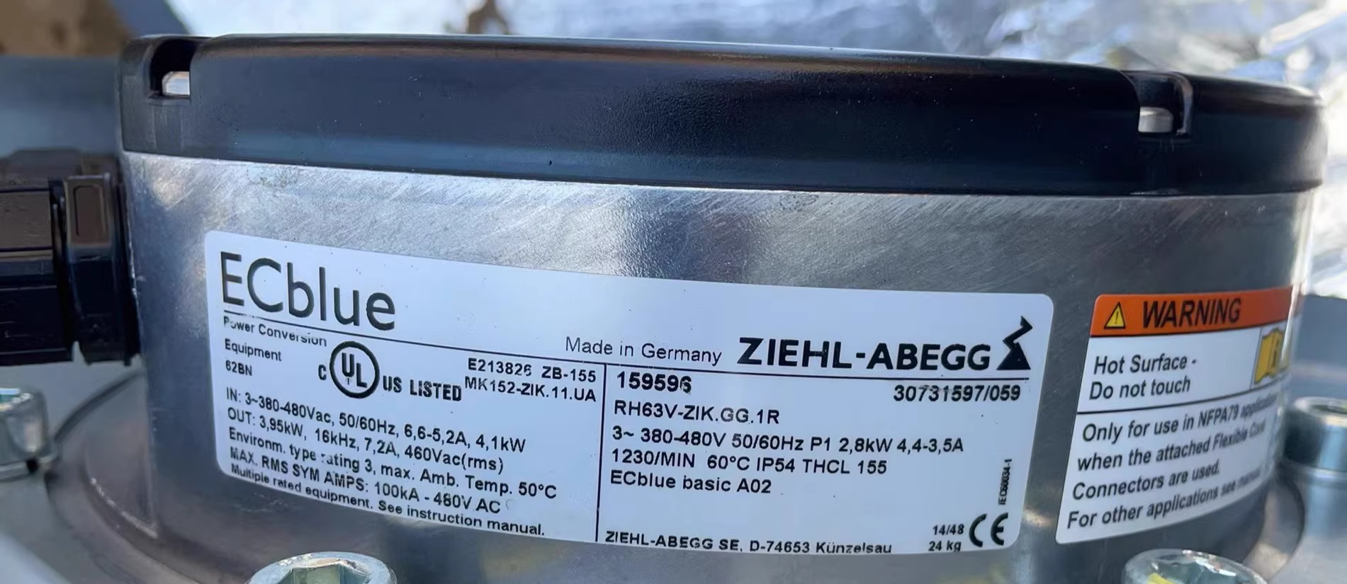nameplate of RH63V-ZIK.GG.1R ZIEHL-ABEGG centrifugal fan