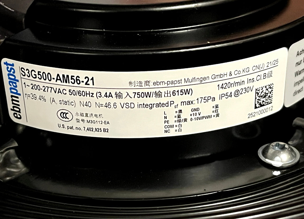 nameplate of S3G500-AM56-21 EBMpapst Axial fan